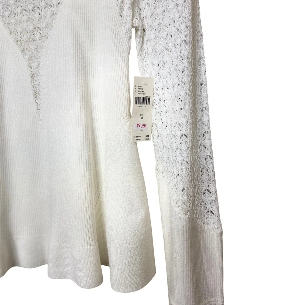 Anthropologie Ivory Crochet Lace Ribbed Peplum Top‎ Bell Sleeve Size M NEW